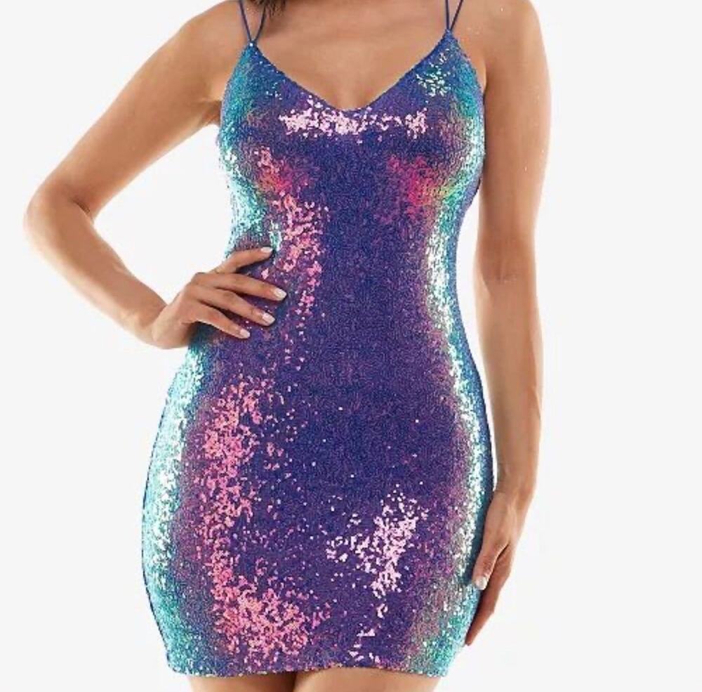 Identity Iridescent purple and multi-colored sequin dress